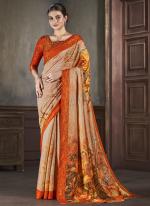 Natural Silk Orange Casual Wear Printed Saree